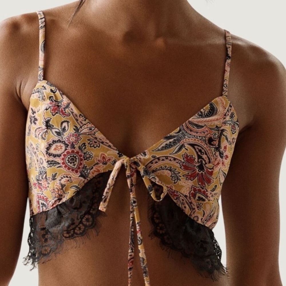 Anthropologie Chiffon Lace Bralette S Paisley Boho Crop Top Yellow Pattern NEW
